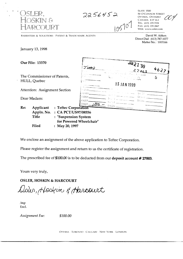 Document de brevet canadien 2256452. Cession 19990113. Image 1 de 6