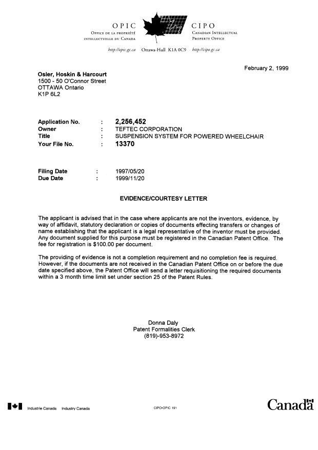 Document de brevet canadien 2256452. Correspondance 19990202. Image 1 de 1