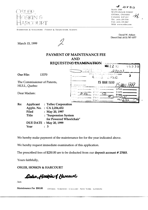 Document de brevet canadien 2256452. Taxes 19990315. Image 1 de 2