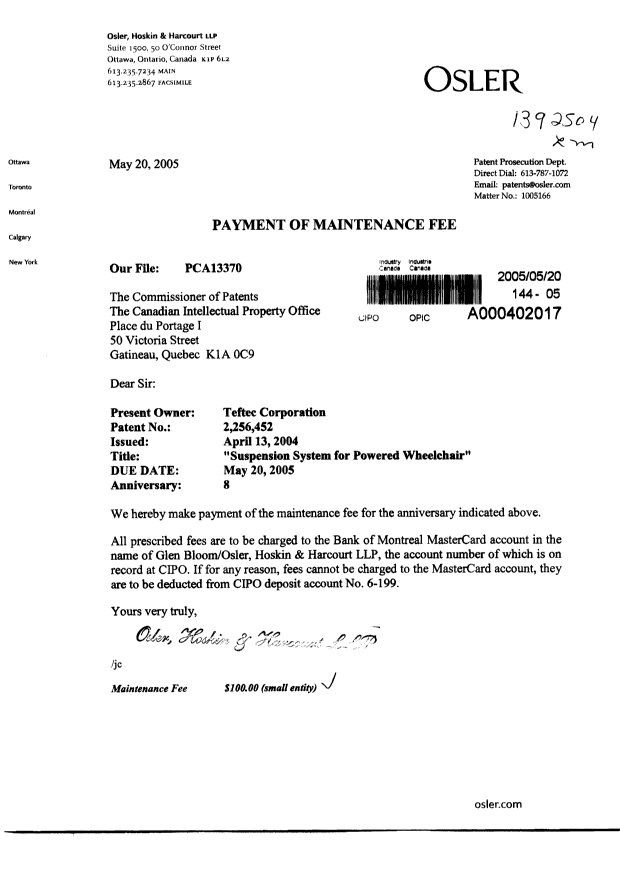 Document de brevet canadien 2256452. Taxes 20050520. Image 1 de 1