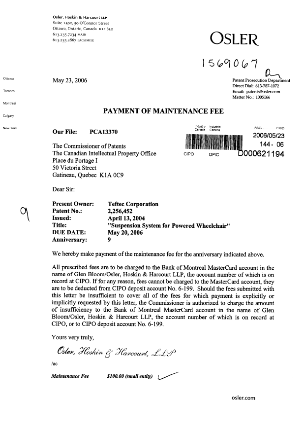 Document de brevet canadien 2256452. Taxes 20060523. Image 1 de 1