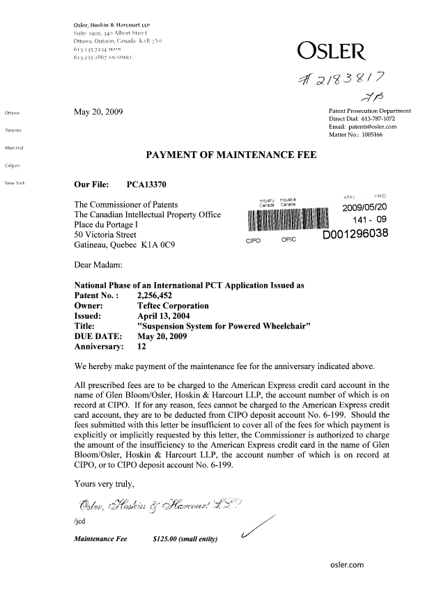 Document de brevet canadien 2256452. Taxes 20090520. Image 1 de 1