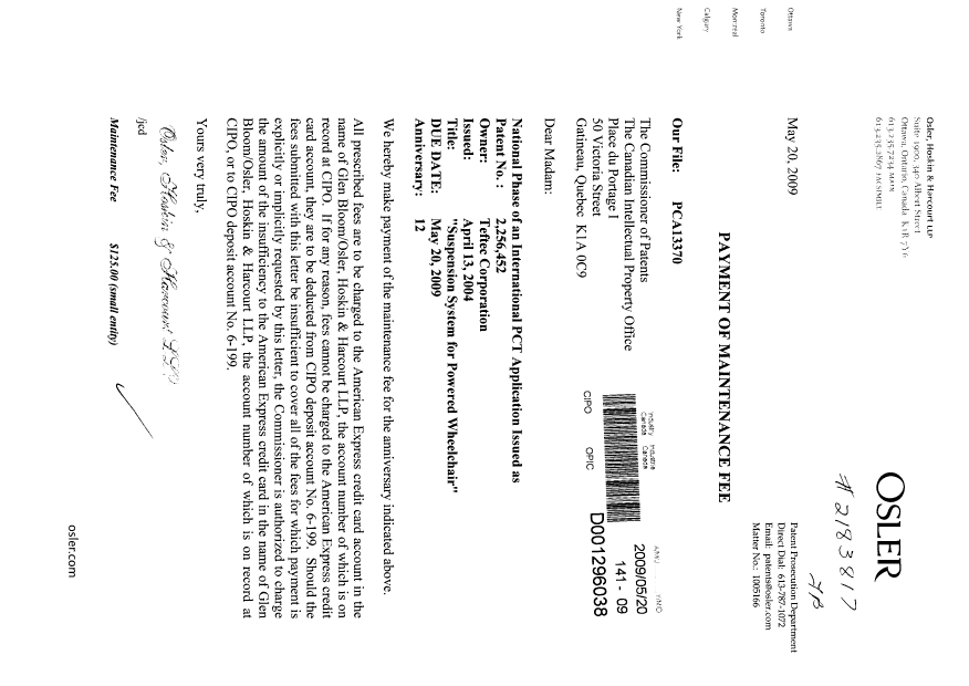 Canadian Patent Document 2256452. Fees 20090520. Image 1 of 1