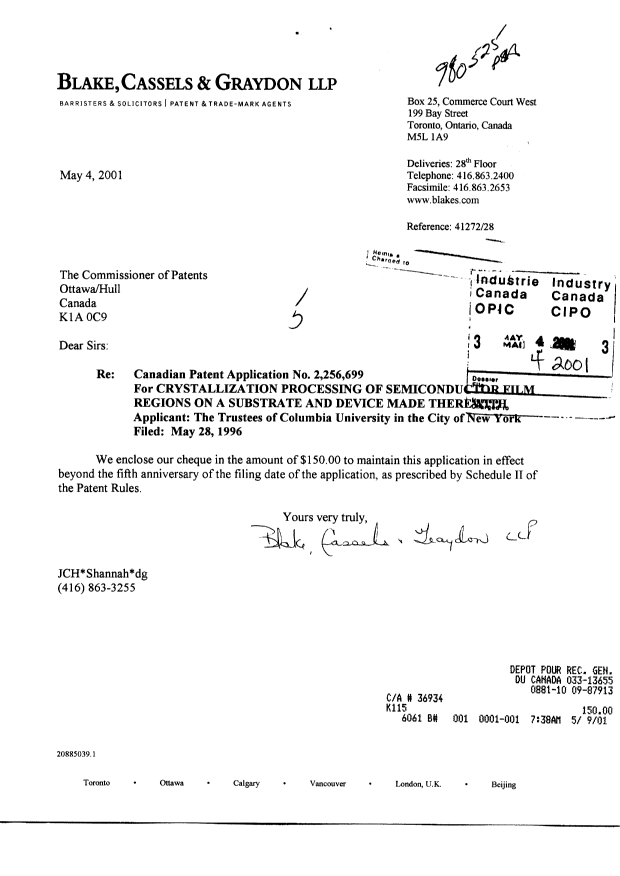 Canadian Patent Document 2256699. Fees 20010504. Image 1 of 1