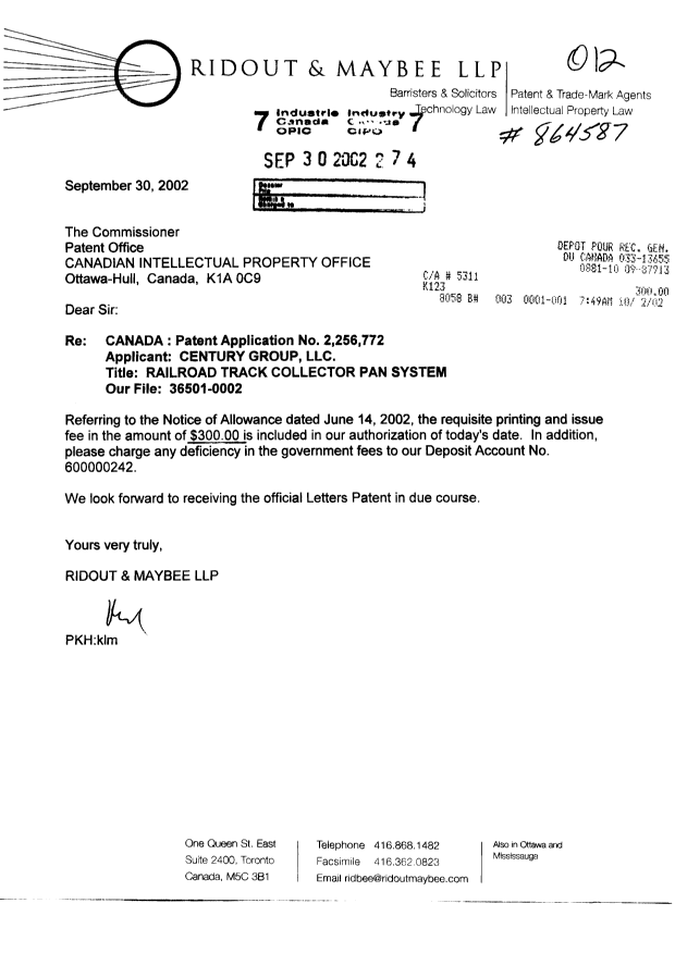 Canadian Patent Document 2256772. Correspondence 20020930. Image 1 of 1