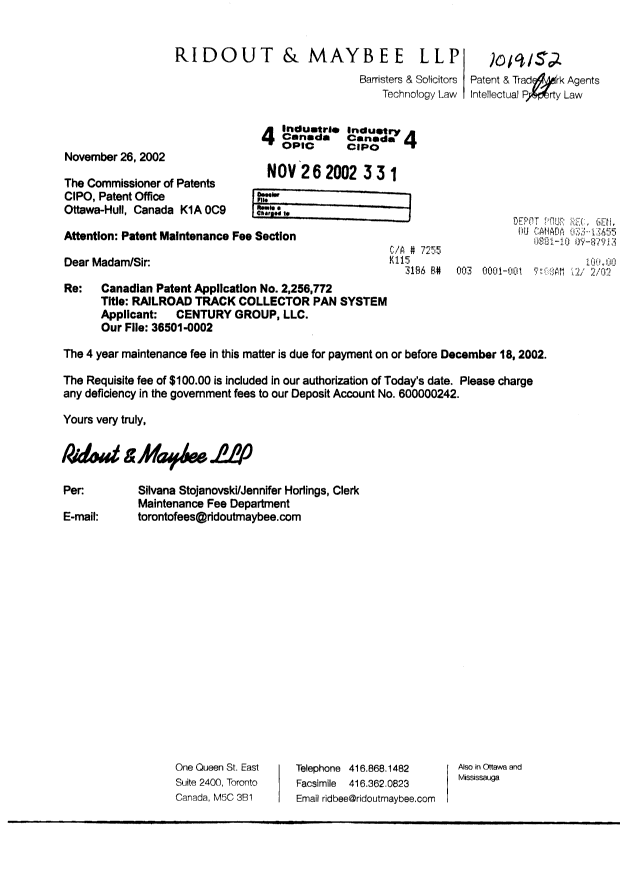 Canadian Patent Document 2256772. Fees 20021126. Image 1 of 1