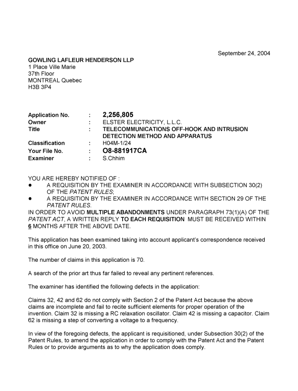 Document de brevet canadien 2256805. Poursuite-Amendment 20040924. Image 1 de 2