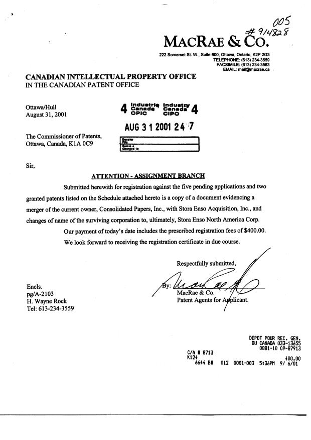 Document de brevet canadien 2256845. Cession 20010831. Image 1 de 4