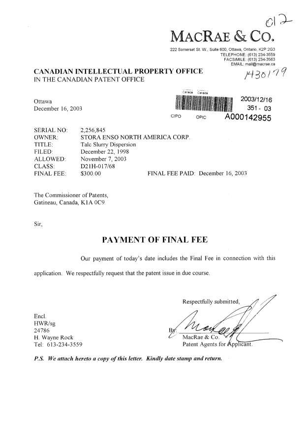 Document de brevet canadien 2256845. Correspondance 20031216. Image 1 de 1