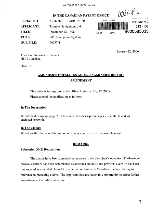 Canadian Patent Document 2256863. Prosecution-Amendment 20060112. Image 1 of 19