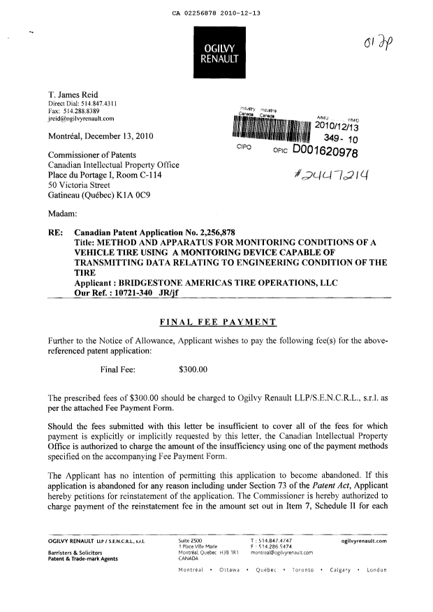 Canadian Patent Document 2256878. Correspondence 20101213. Image 1 of 2
