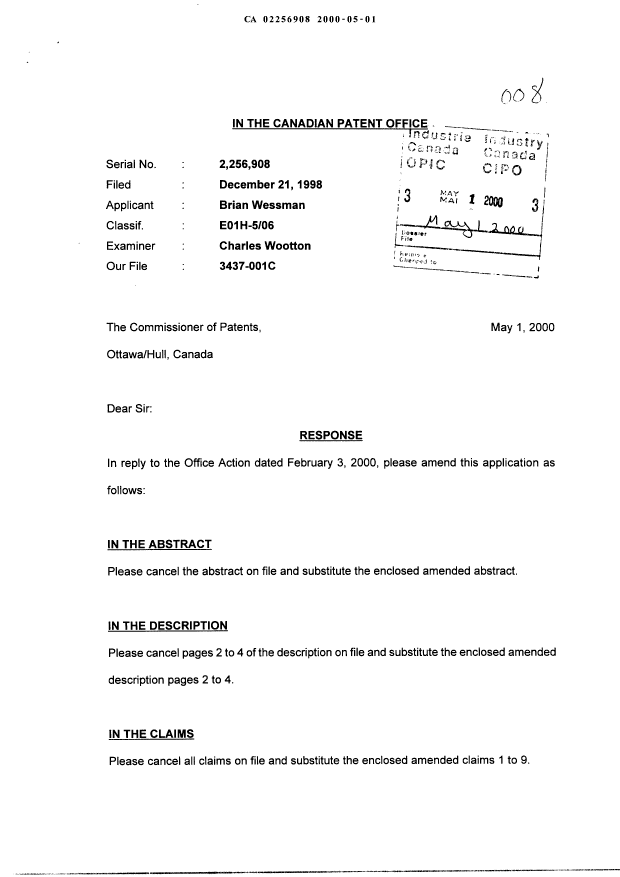 Document de brevet canadien 2256908. Poursuite-Amendment 20000501. Image 1 de 12