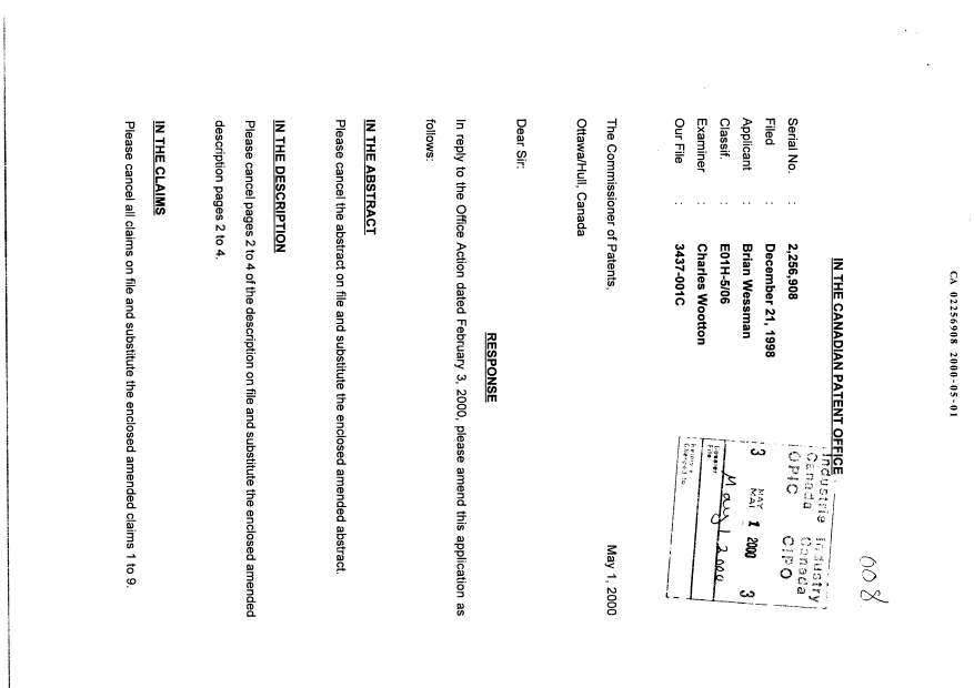 Canadian Patent Document 2256908. Prosecution-Amendment 20000501. Image 1 of 12