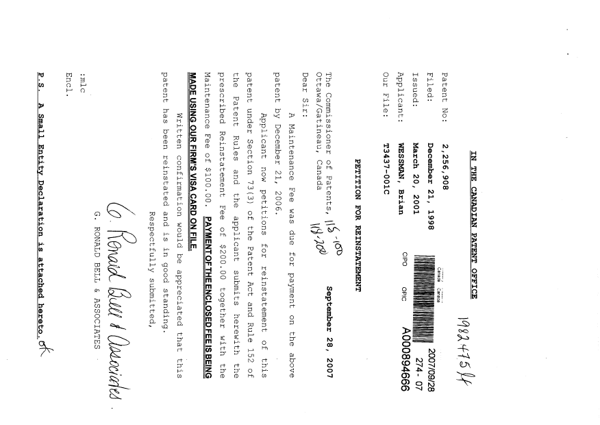 Canadian Patent Document 2256908. Fees 20070928. Image 1 of 2