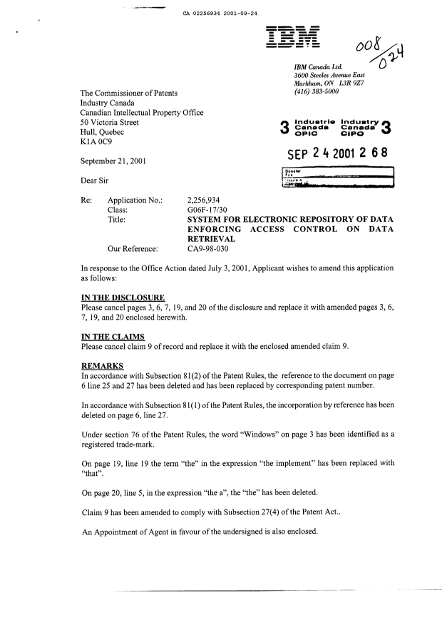 Canadian Patent Document 2256934. Correspondence 20010924. Image 1 of 3