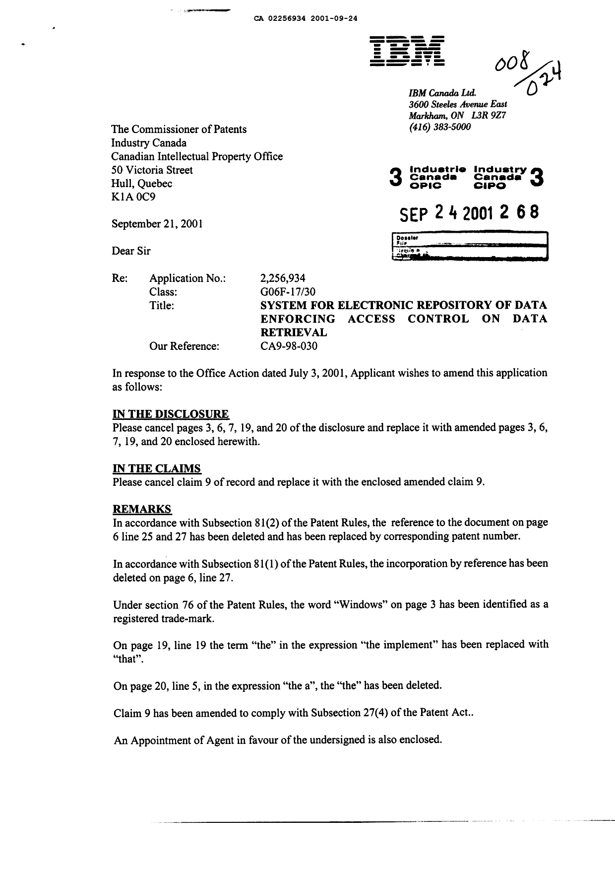 Document de brevet canadien 2256934. Correspondance 20010924. Image 1 de 3