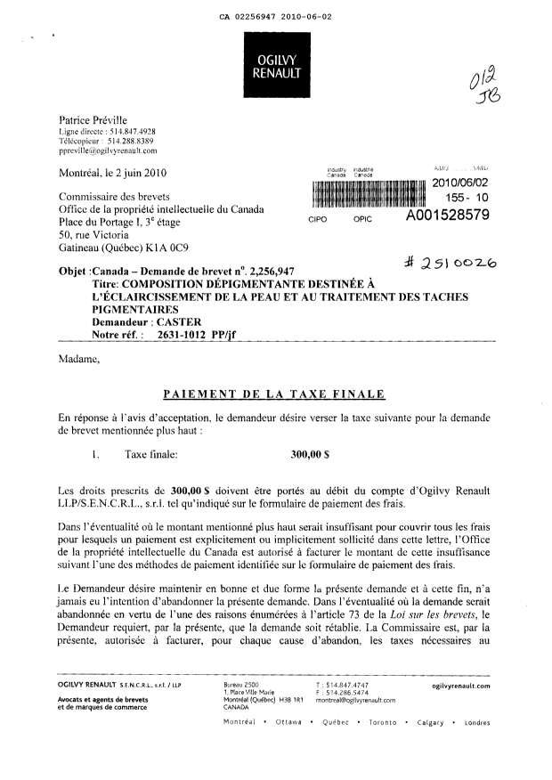 Document de brevet canadien 2256947. Correspondance 20100602. Image 1 de 2