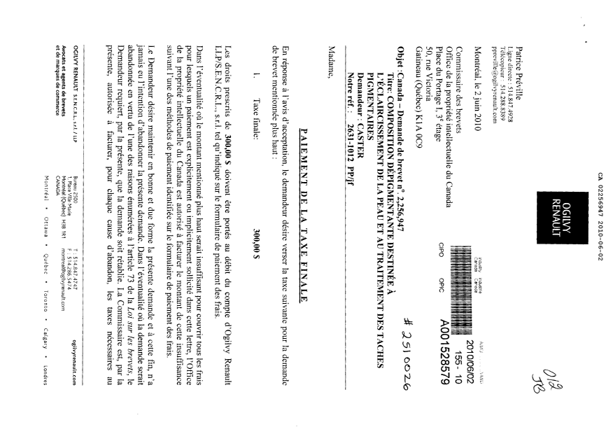 Canadian Patent Document 2256947. Correspondence 20100602. Image 1 of 2