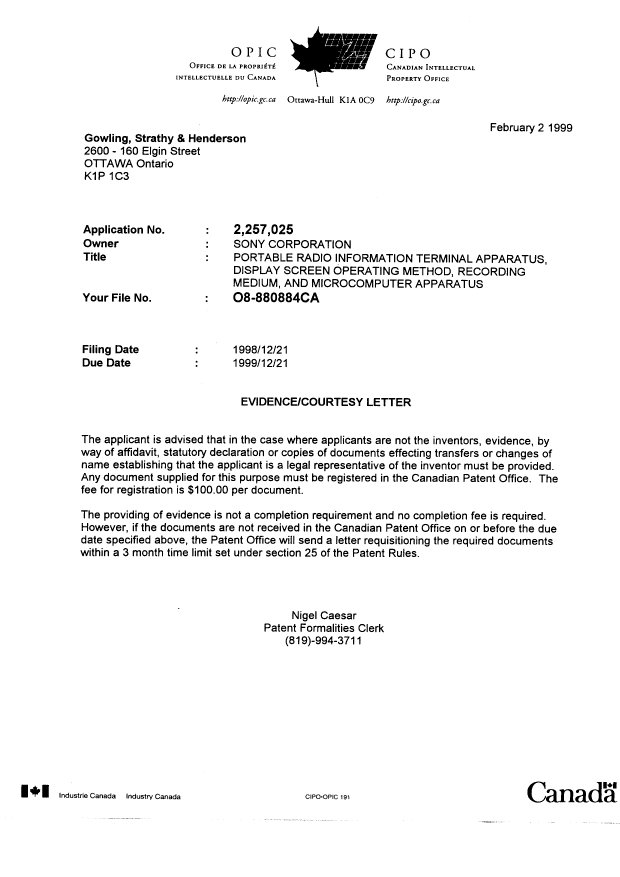 Canadian Patent Document 2257025. Correspondence 19981202. Image 1 of 1