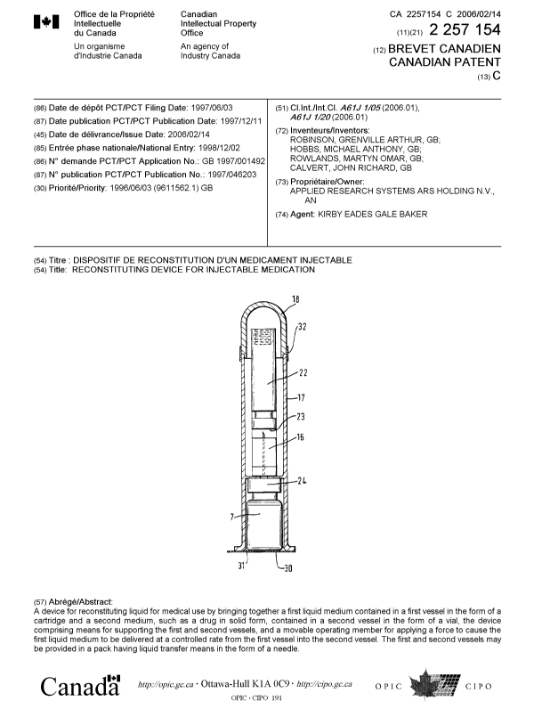 Document de brevet canadien 2257154. Page couverture 20060111. Image 1 de 1