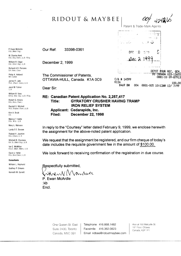 Document de brevet canadien 2257417. Cession 19991202. Image 1 de 17