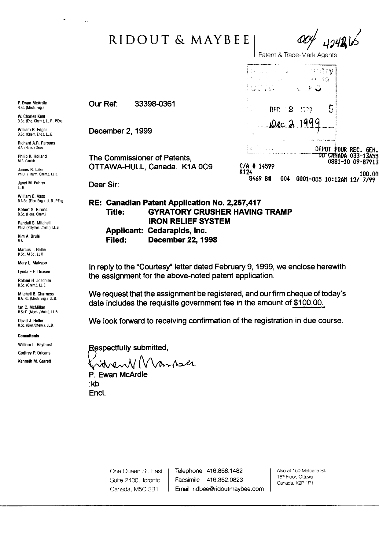 Document de brevet canadien 2257417. Cession 19991202. Image 1 de 17