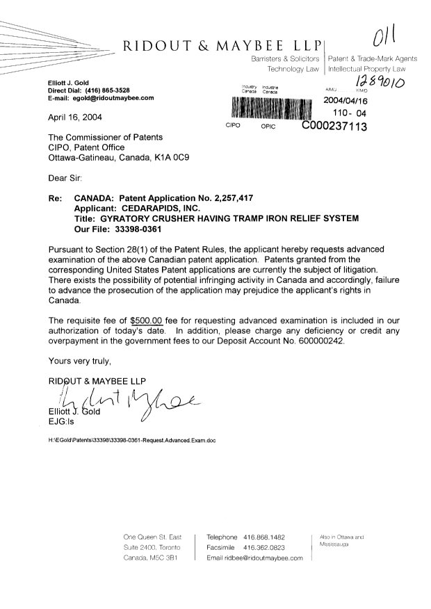 Canadian Patent Document 2257417. Prosecution-Amendment 20040416. Image 1 of 1