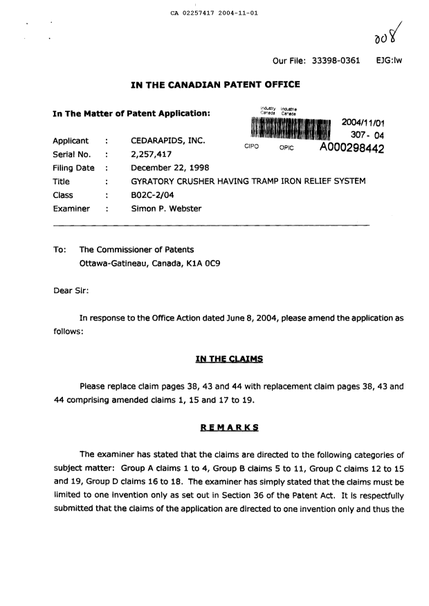 Canadian Patent Document 2257417. Prosecution-Amendment 20041101. Image 1 of 6