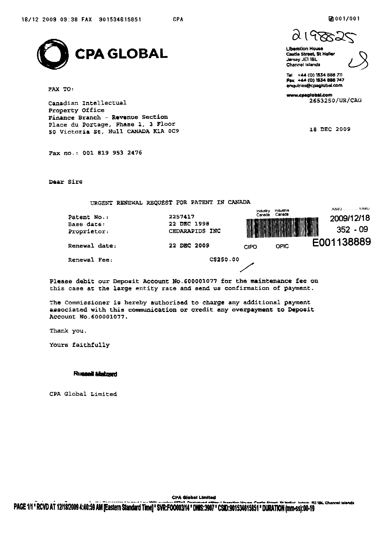 Canadian Patent Document 2257417. Fees 20091218. Image 1 of 1