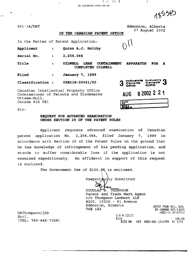 Canadian Patent Document 2258064. Prosecution-Amendment 20011208. Image 1 of 3