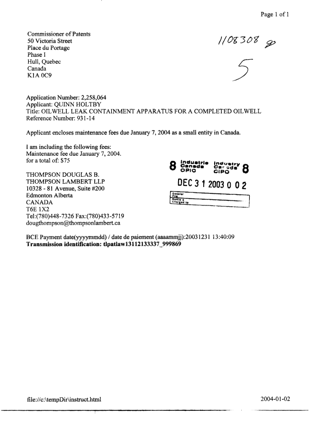 Canadian Patent Document 2258064. Fees 20021231. Image 1 of 1