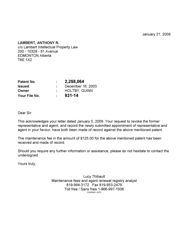 Canadian Patent Document 2258064. Correspondence 20081221. Image 1 of 1