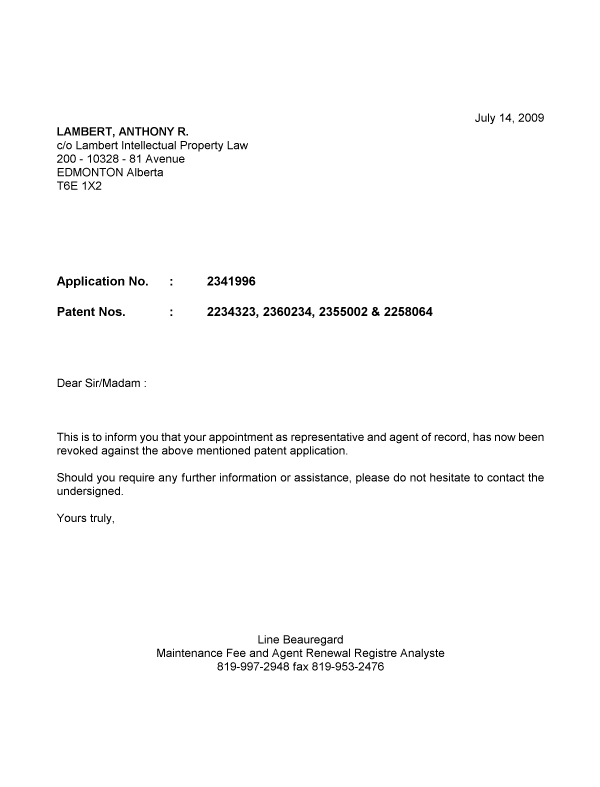 Document de brevet canadien 2258064. Correspondance 20090714. Image 1 de 1