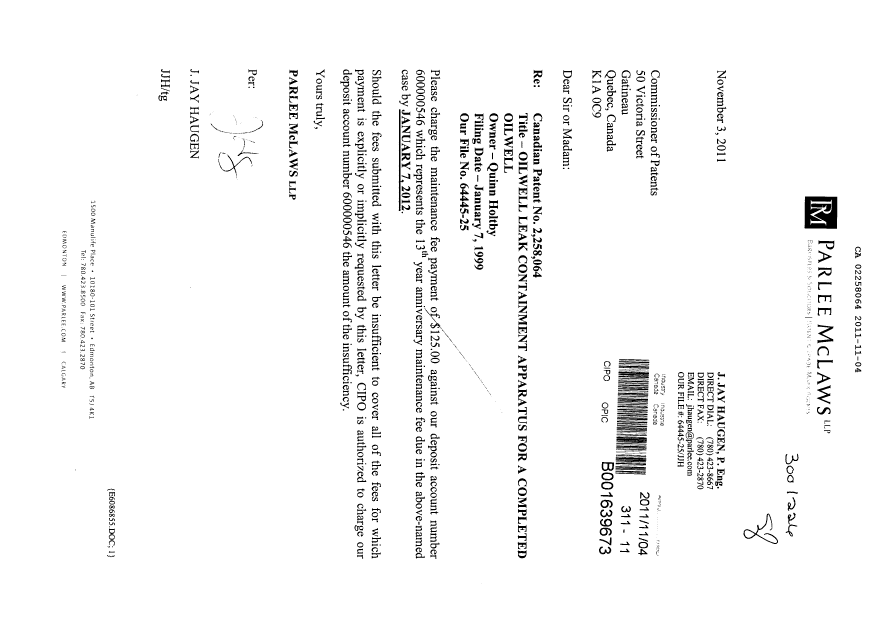 Canadian Patent Document 2258064. Fees 20101204. Image 1 of 1