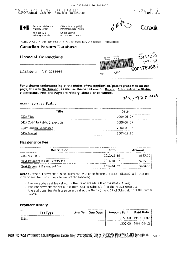 Canadian Patent Document 2258064. Fees 20121220. Image 1 of 2