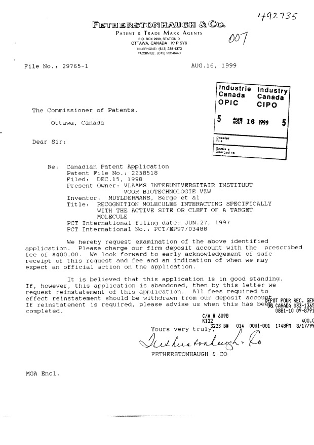 Document de brevet canadien 2258518. Poursuite-Amendment 19990816. Image 1 de 1