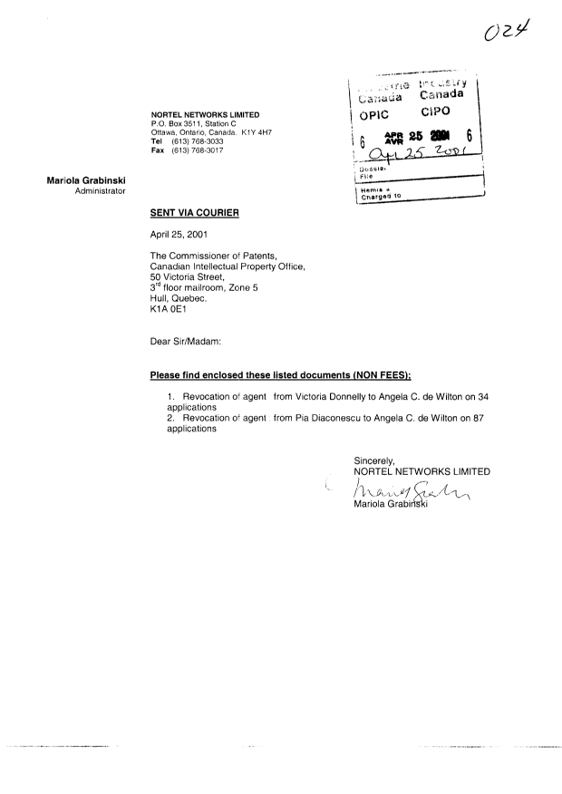 Document de brevet canadien 2258518. Correspondance 20010425. Image 1 de 9