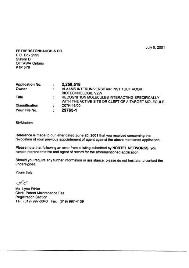 Document de brevet canadien 2258518. Correspondance 20010706. Image 1 de 4