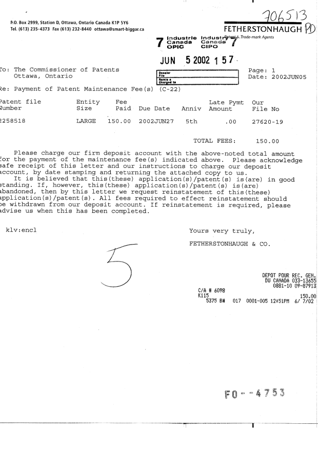 Document de brevet canadien 2258518. Taxes 20020605. Image 1 de 1