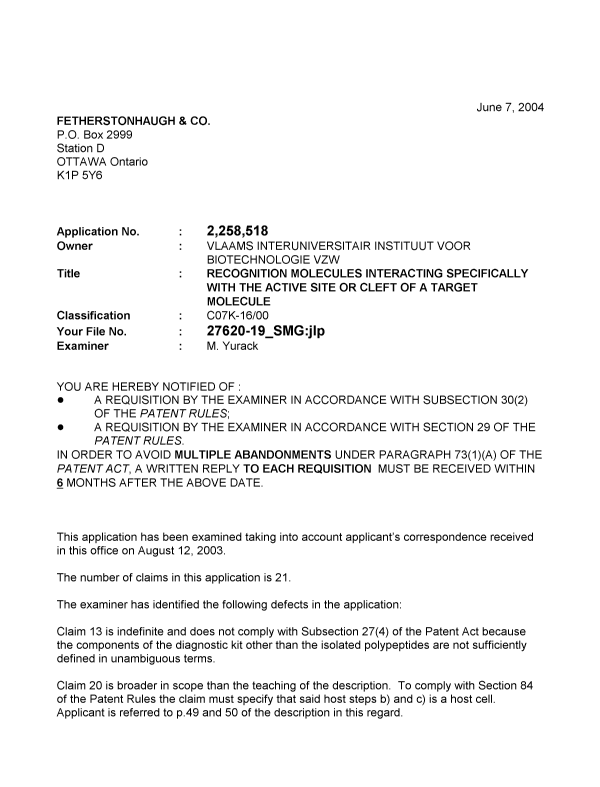 Document de brevet canadien 2258518. Poursuite-Amendment 20040607. Image 1 de 2