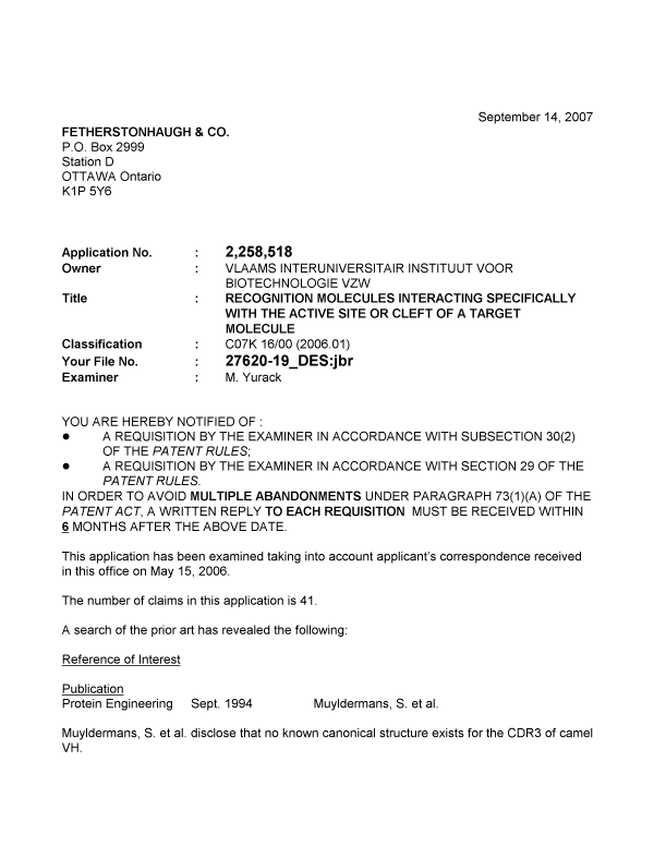 Document de brevet canadien 2258518. Poursuite-Amendment 20070914. Image 1 de 4