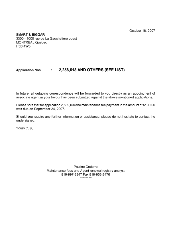 Document de brevet canadien 2258518. Correspondance 20071016. Image 1 de 1