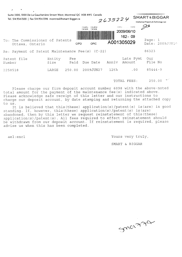Document de brevet canadien 2258518. Taxes 20090610. Image 1 de 1