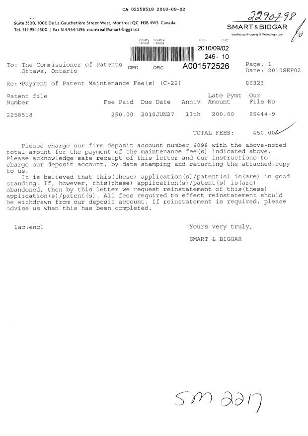 Document de brevet canadien 2258518. Taxes 20100902. Image 1 de 2