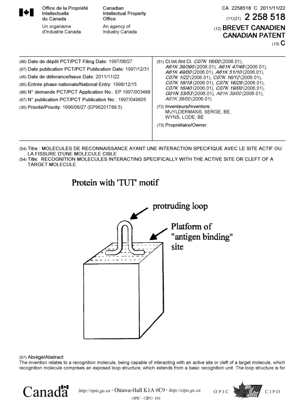 Document de brevet canadien 2258518. Page couverture 20111017. Image 1 de 2