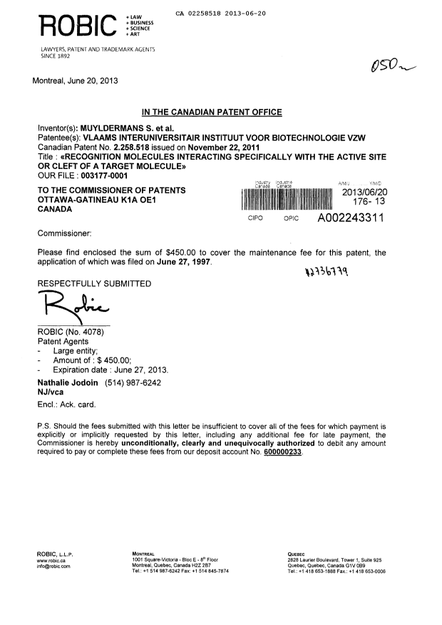 Document de brevet canadien 2258518. Taxes 20130620. Image 1 de 1