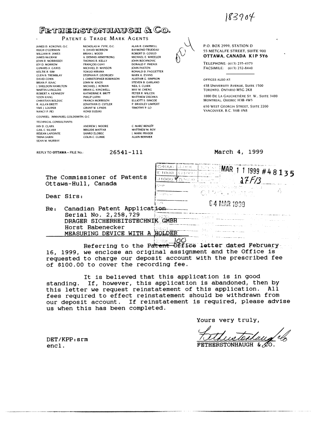 Document de brevet canadien 2258729. Cession 19990304. Image 1 de 2