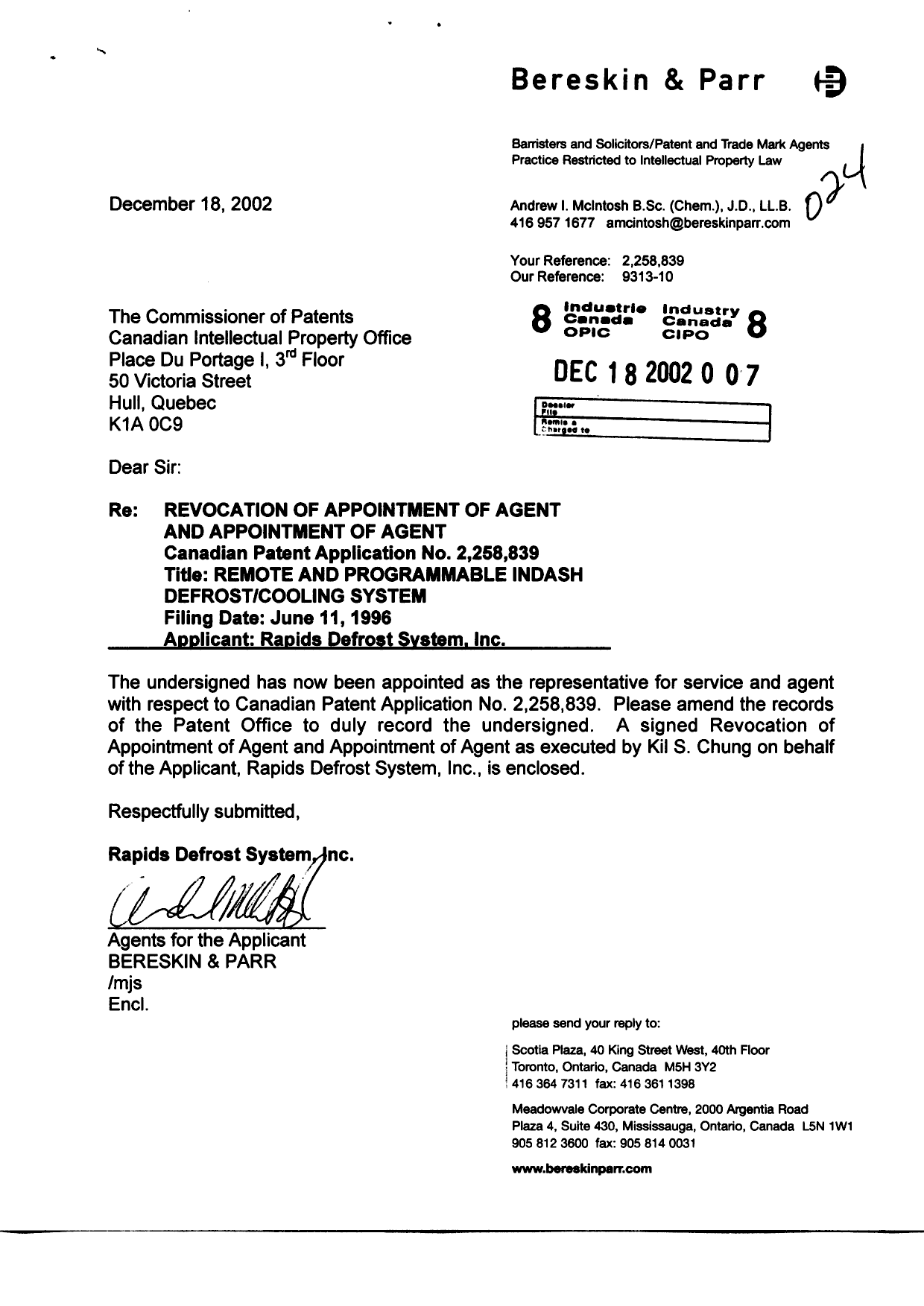 Canadian Patent Document 2258839. Correspondence 20021218. Image 1 of 2