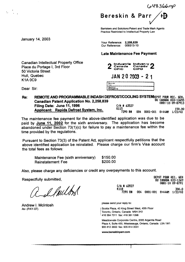 Document de brevet canadien 2258839. Taxes 20030120. Image 1 de 1