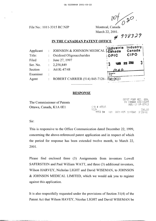 Canadian Patent Document 2258849. Correspondence 20010322. Image 1 of 3